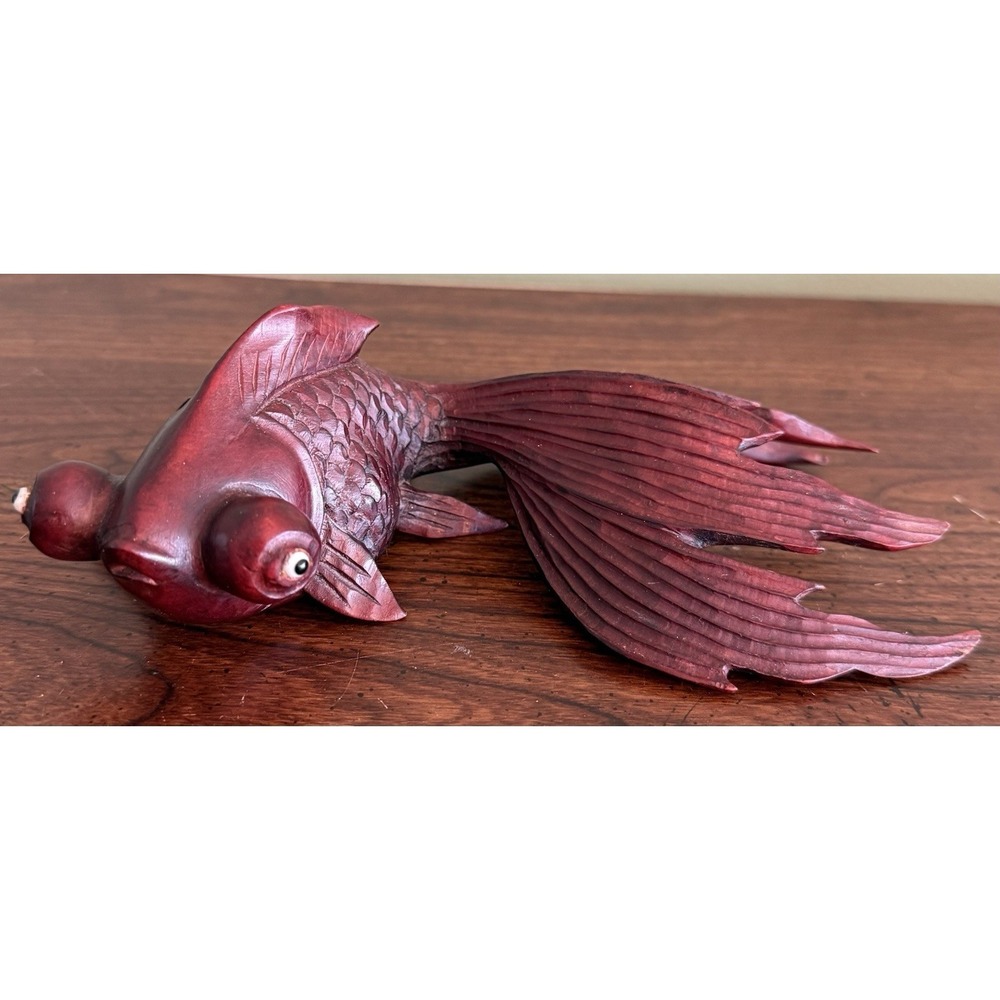 Vintage Hand Carved Rosewood Asian carved koi fish Carp with glass eyes 7"